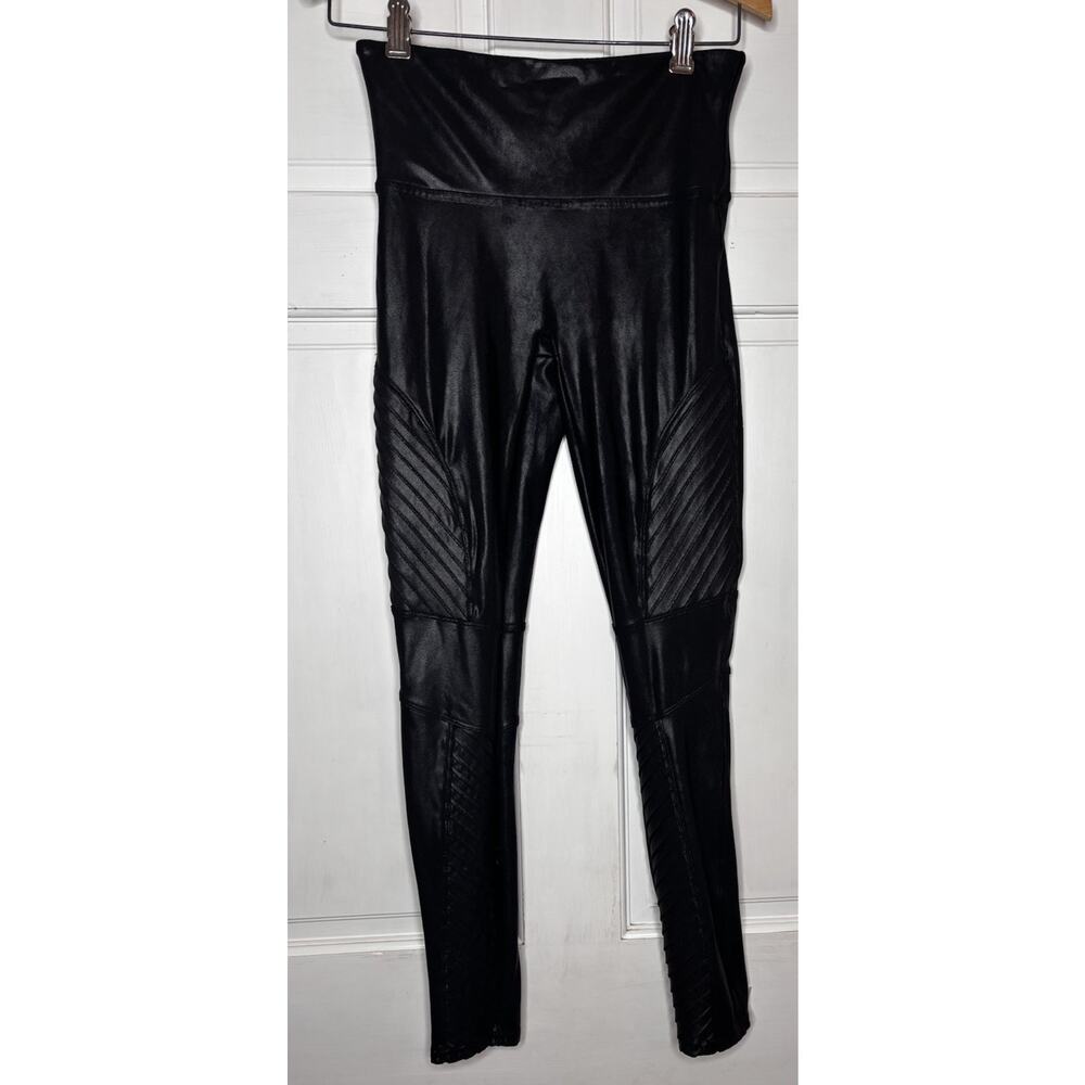 SPANX Faux Leather Moto Leggings Women's Size Medium Black Shaping Pants Slim